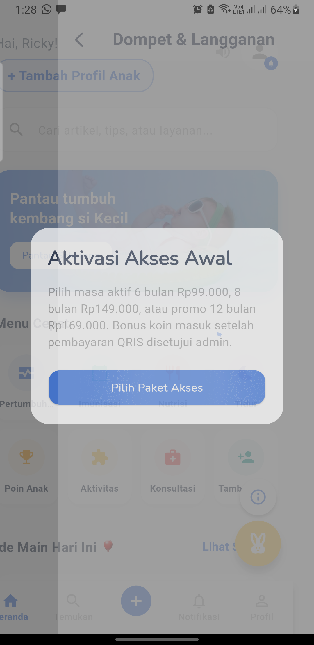 Pilihan aktivasi aplikasi Ruang Bocah