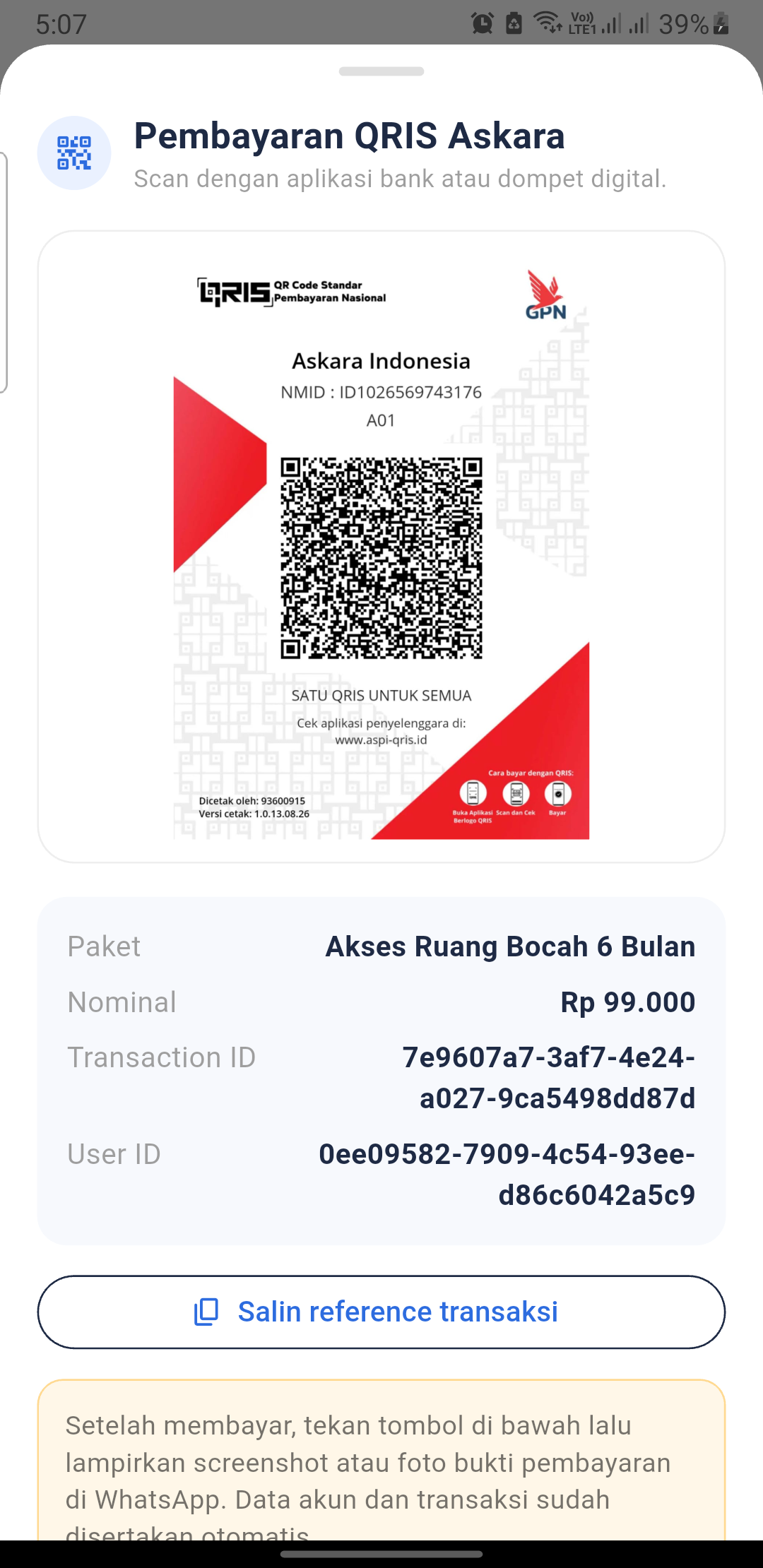 Pembayaran QRIS di aplikasi Ruang Bocah